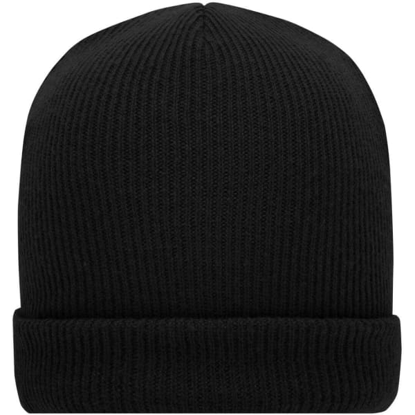 A soft knitted winter beanie in black with a ribbed texture and turned-up cuff, featuring a logo.