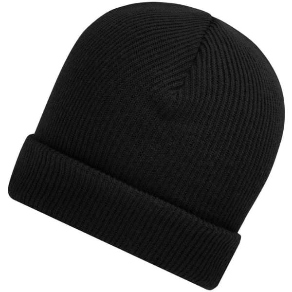 A black knitted winter beanie featuring a folded cuff design, showcasing a simple and classic style.
