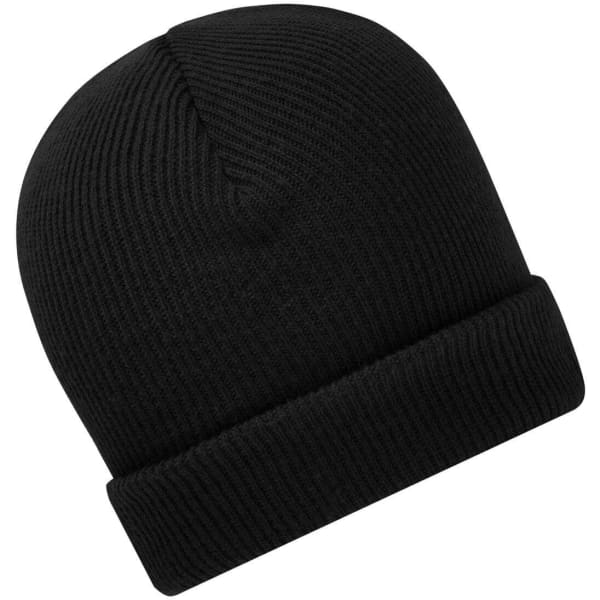 A black knitted winter beanie with a folded cuff and ribbed texture. It features a logo on the side.