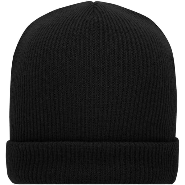 A black knitted winter beanie with a ribbed texture and a rolled-up cuff.