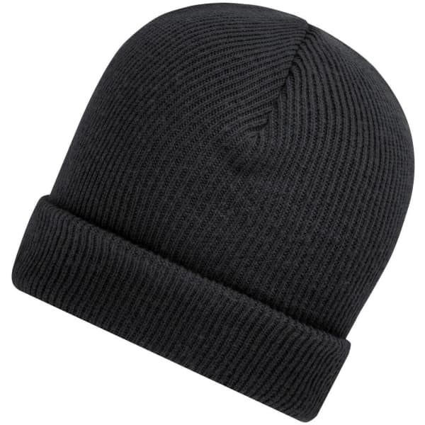 A soft knitted winter beanie in black, featuring a ribbed texture and a folded cuff.