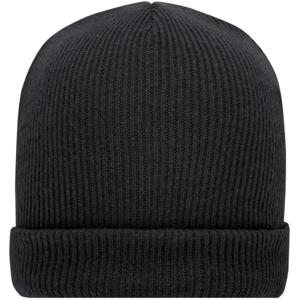A soft knitted winter beanie in black, featuring a ribbed texture and a folded cuff. It has a logo on the side.