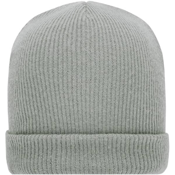 A soft knitted winter beanie in a light grey colour with a rolled brim and ribbed texture.
