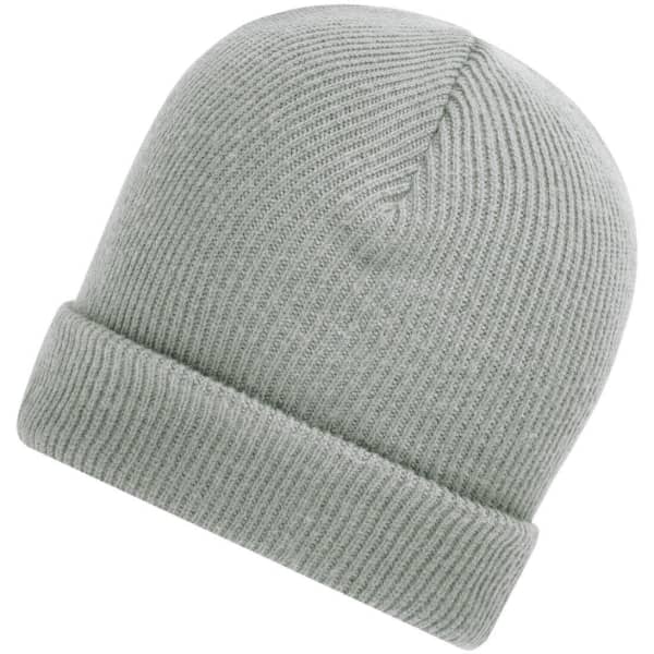 A soft knitted winter beanie in a light grey colour with a rolled cuff. Features a logo on the side.
