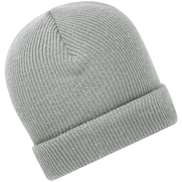 A soft knitted winter beanie in a light grey colour with a ribbed texture and a rolled cuff.