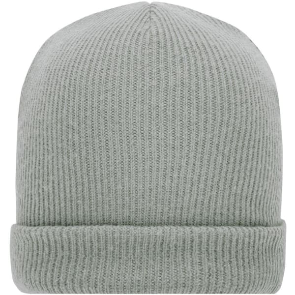 A soft knitted winter beanie in a light grey colour, featuring a ribbed design and rolled cuff.