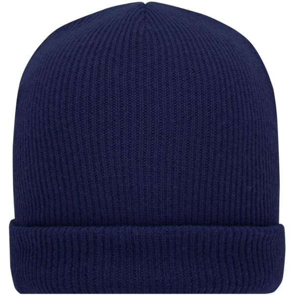 A soft knitted winter beanie in navy blue with a ribbed texture and a turned-up cuff.