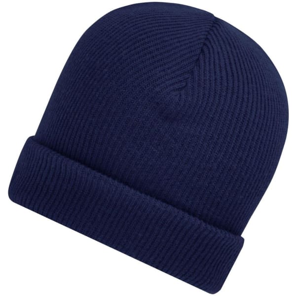 A soft knitted winter beanie in navy blue with a ribbed texture. It features a fold-over design and a logo.