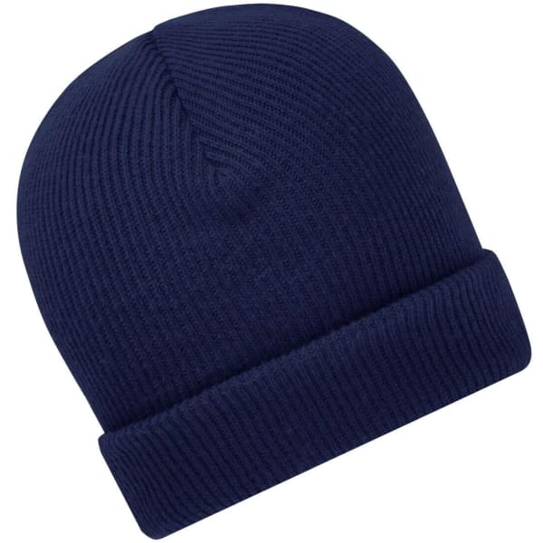 A navy blue soft knitted winter beanie with a folded cuff and textured ribbed pattern.