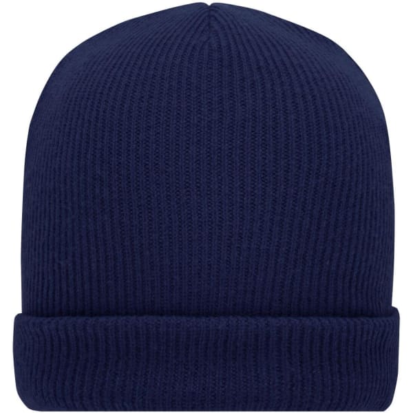 A soft knitted winter beanie in navy blue with a rolled cuff at the bottom. It features a logo on the side.