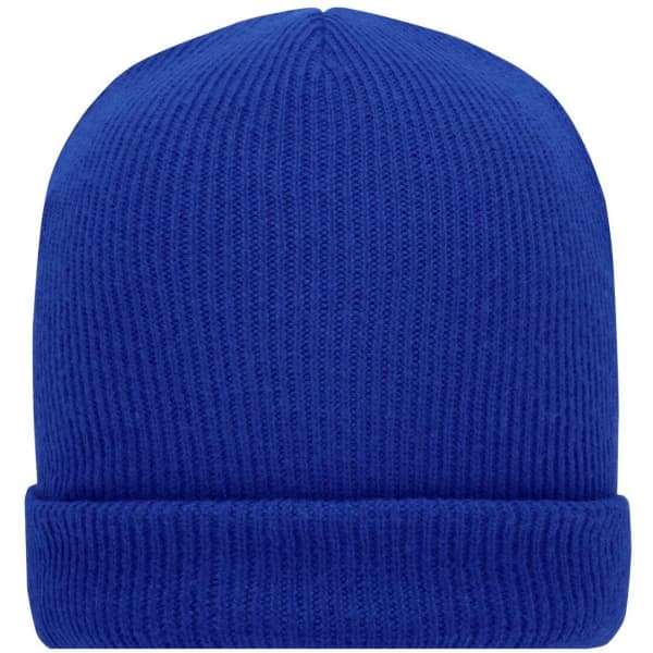 A soft knitted winter beanie in a vibrant blue colour, featuring a ribbed texture and a folded hem.