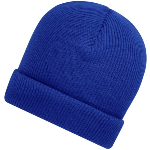 A soft knitted winter beanie in a vibrant blue colour, featuring a folded brim and a seamless design.