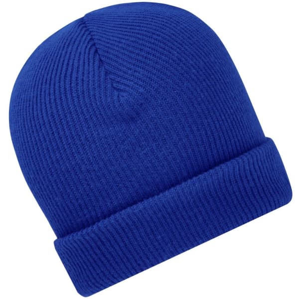 A soft knitted winter beanie in vibrant blue with a folded cuff and textured ribbed design.