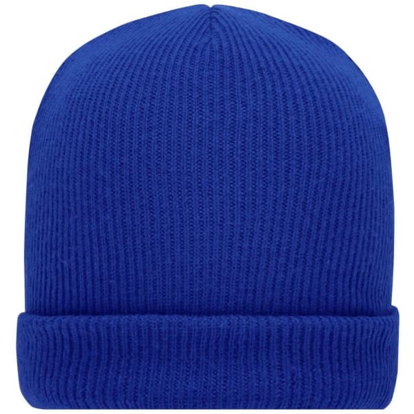 A blue knitted winter beanie with a fold-up cuff. It has a textured pattern and features a logo.