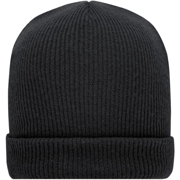 A soft knitted winter beanie in black with a ribbed texture and a folded cuff. It features a logo on the side.