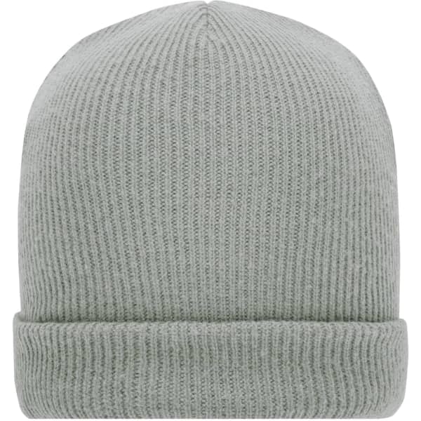 A soft knitted winter beanie in a light grey colour with a turned-up brim and textured design.
