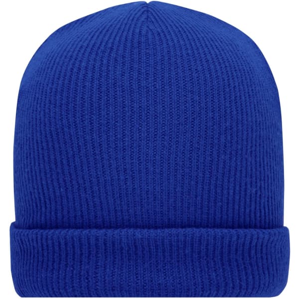 A soft knitted winter beanie in vibrant blue, featuring a ribbed texture and a folded cuff.