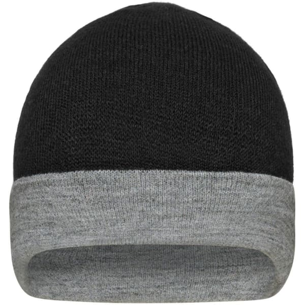 A reversible beanie featuring a black top and a grey cuff, with a logo on the cuff.