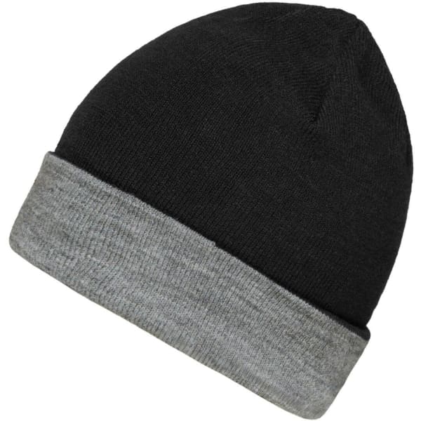 A reversible beanie in black with a grey cuff. It features a logo on one side.