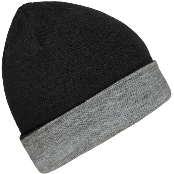 A reversible beanie featuring a black exterior and a grey cuff, with a small logo visible.