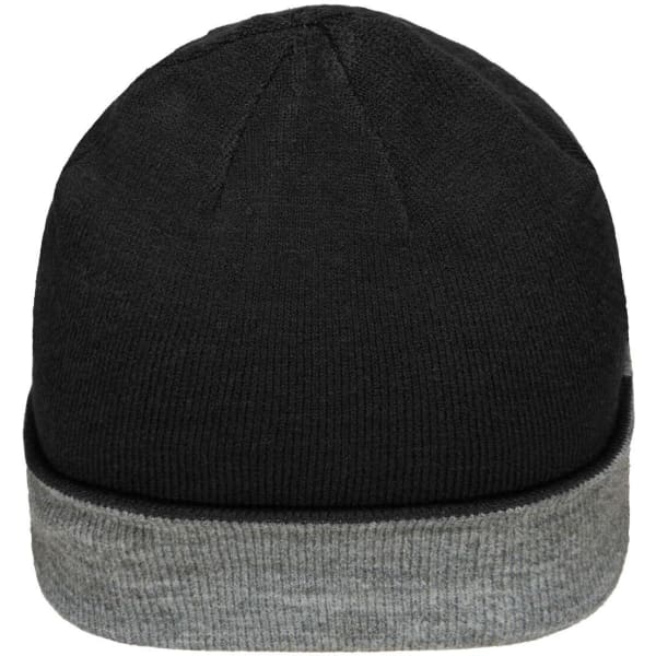 A reversible beanie featuring a black exterior and a grey cuff. The design includes a logo on the side.