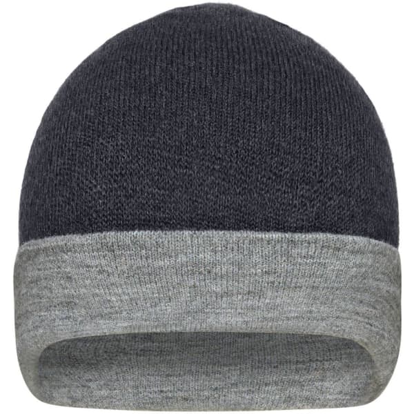 A reversible beanie featuring a dark grey top and a light grey cuff, with a simple logo on the inside.