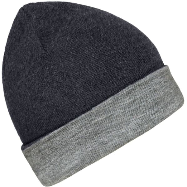 A reversible beanie in dark grey and light grey, featuring a simple design and a logo.