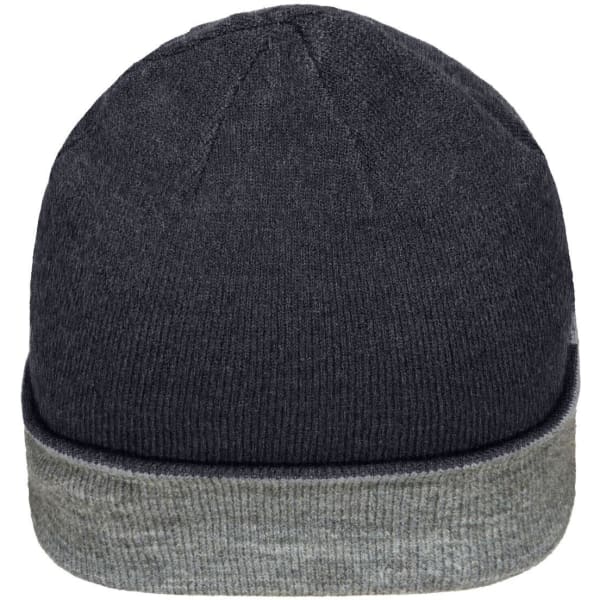 A reversible beanie in dark grey with a light grey cuff, featuring a logo on the side.