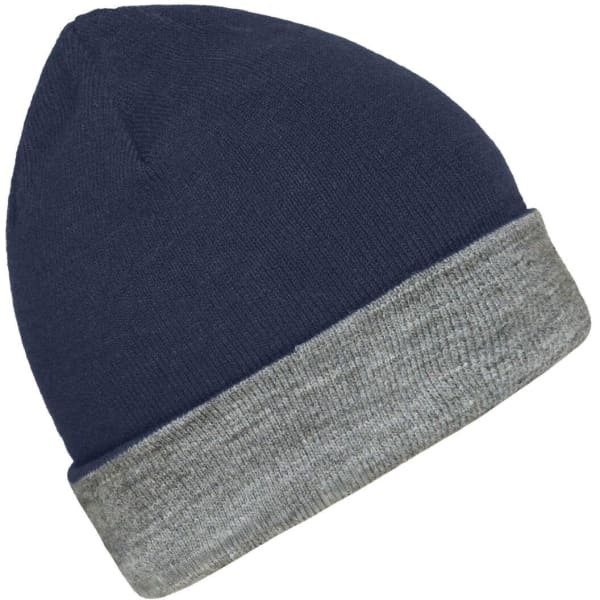 A reversible beanie in navy blue and grey with a folded cuff, featuring a logo.