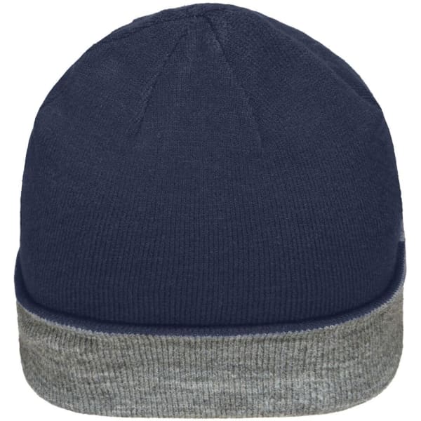 A reversible beanie featuring a navy blue exterior and a grey cuff, showcasing a simple and stylish design.