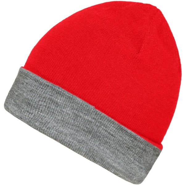 A reversible beanie featuring a bright red top and a grey cuff, with a logo on the side.