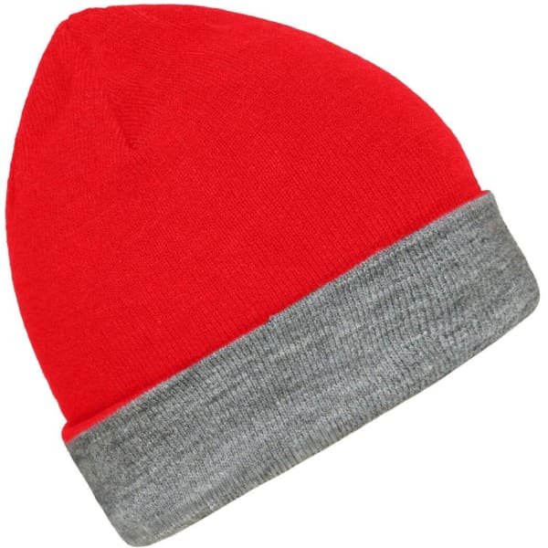 A reversible beanie featuring a vibrant red top and a grey cuff. It includes a logo.