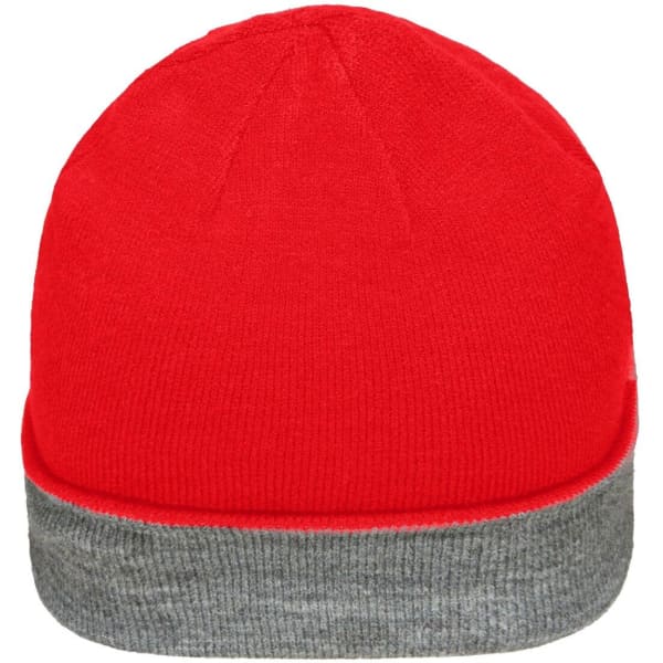 A reversible beanie featuring a bright red exterior and a grey folded brim. It includes a logo on the design.