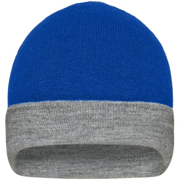 A reversible beanie featuring a bright blue top and a grey cuff, with a logo on the cuff.