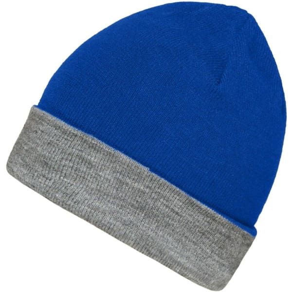 A reversible beanie in blue with a grey cuff, featuring a logo.