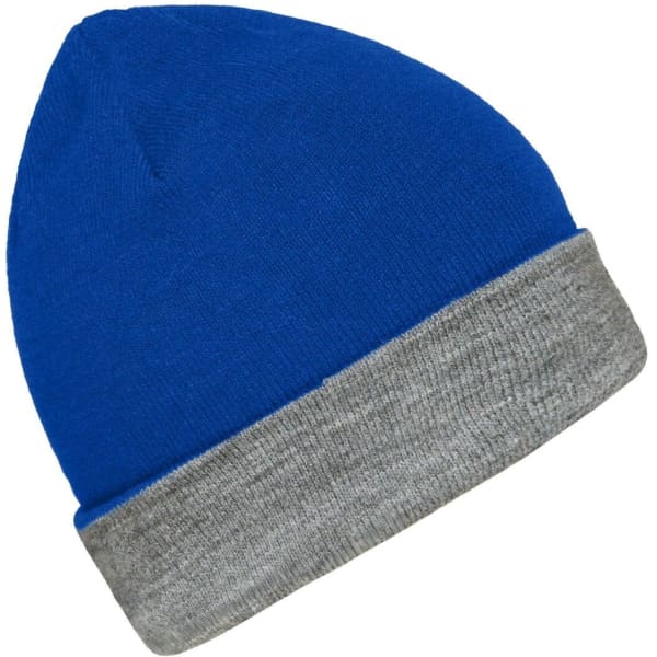 A reversible beanie in blue with a grey cuff, featuring a logo.