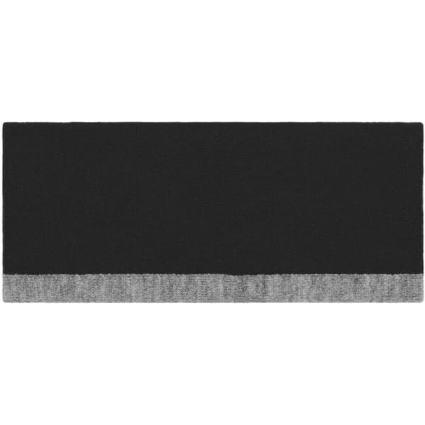 A reversible headband in black with a grey trim, featuring a logo on one side.