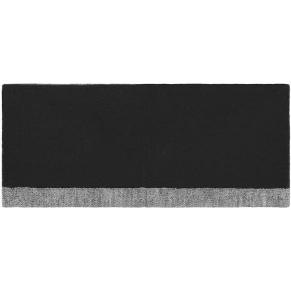 A reversible headband in black with a grey bottom section, featuring a simple design and a logo.