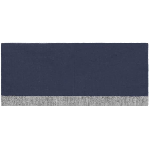 A reversible headband in navy blue with a grey textured band at the bottom. It features a logo.