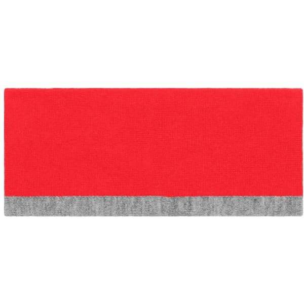 A reversible headband in bright red with a grey trim, featuring a logo on one side.