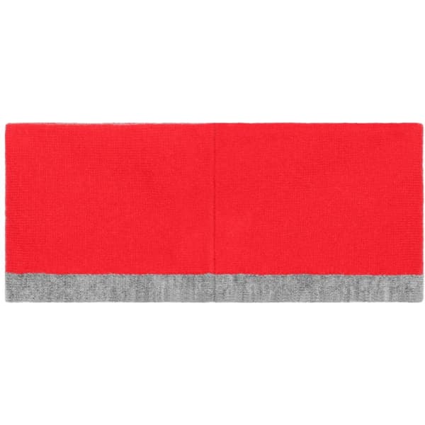 A reversible headband in bright red with a grey knitted stripe at the bottom. It features a logo on one side.