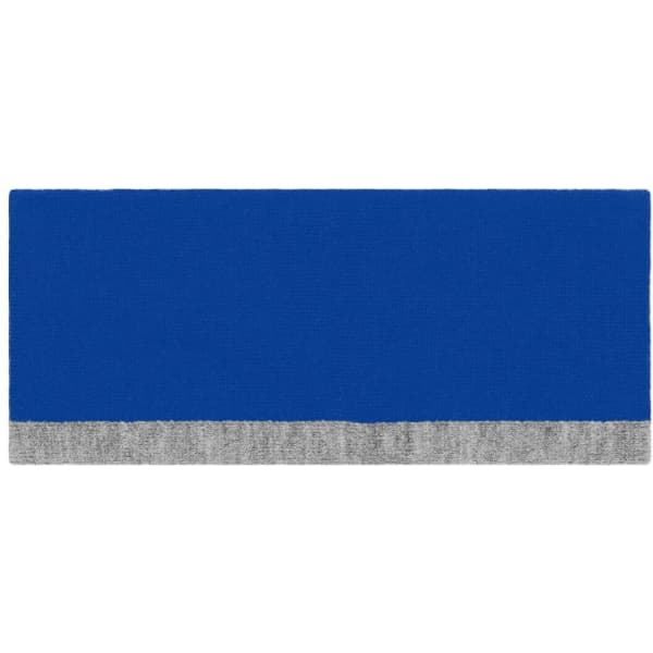 A reversible headband featuring a vibrant blue colour with a grey bottom edge and a logo.