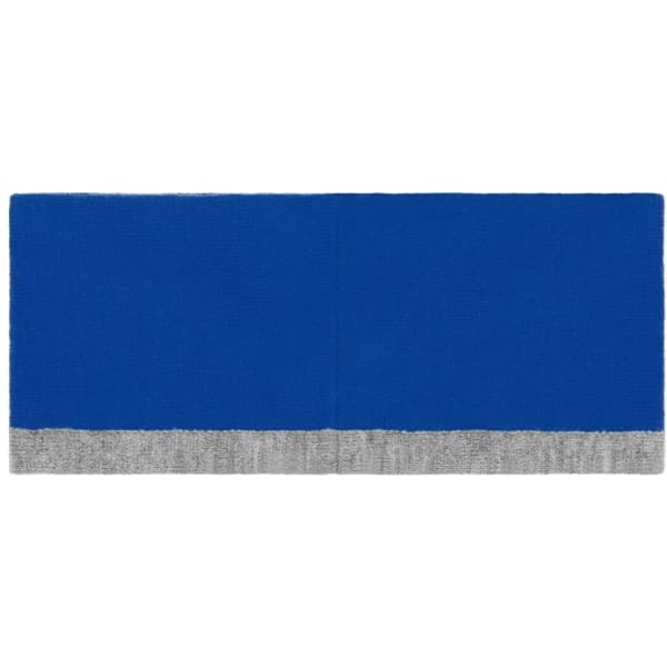 A reversible headband in blue with a grey trim. The fabric is smooth and versatile, featuring a logo.