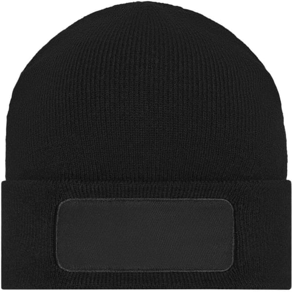 A black knitted beanie featuring a patch area for customisation. The beanie has a close-fitting design.