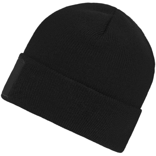 A black knitted beanie with a patch, featuring a rolled-up cuff design.