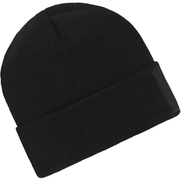 A black knitted beanie featuring a patch. It has a classic fold-up design.