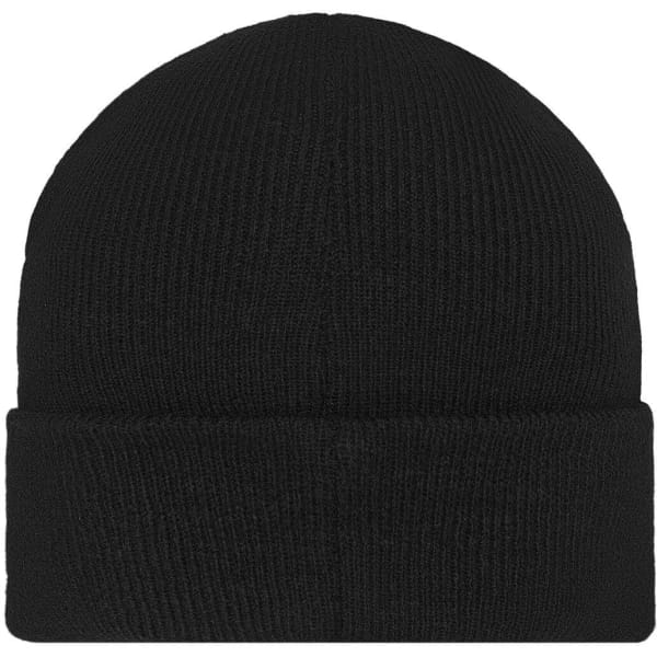 A black knitted beanie with a fold-up cuff and a patch.
