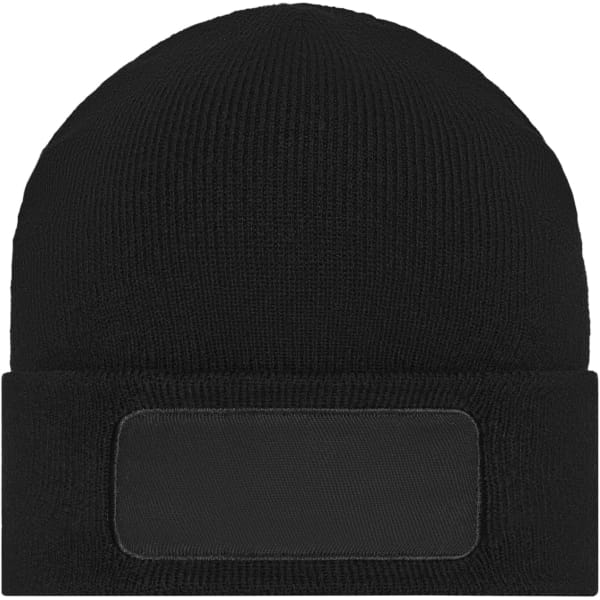 A black knitted beanie with a patch area for customisation, showcasing a simple and classic design.
