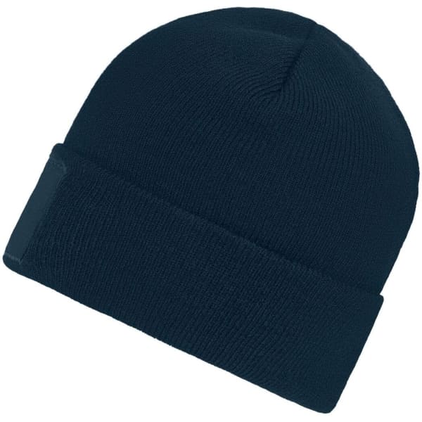 A navy knitted beanie featuring a patch, showcasing a simple and versatile design.