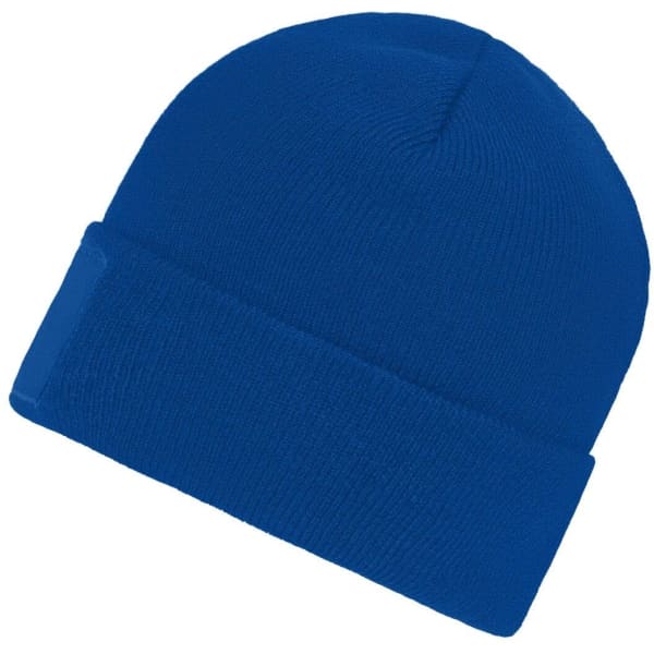 A blue knitted beanie featuring a patch on the front. The beanie has a classic cuffed design.